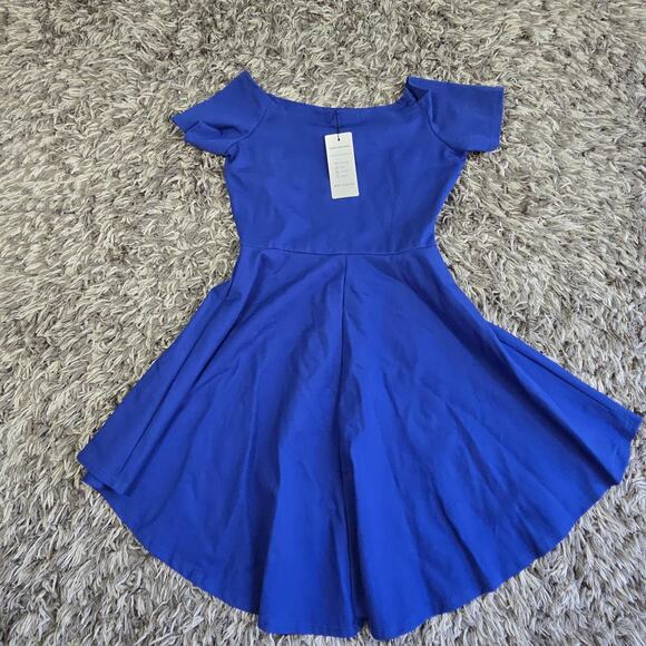 Sarin Mathews Dress Womens Large Royal Blue Off Shoulder High Low Skater Party - Picture 6 of 7